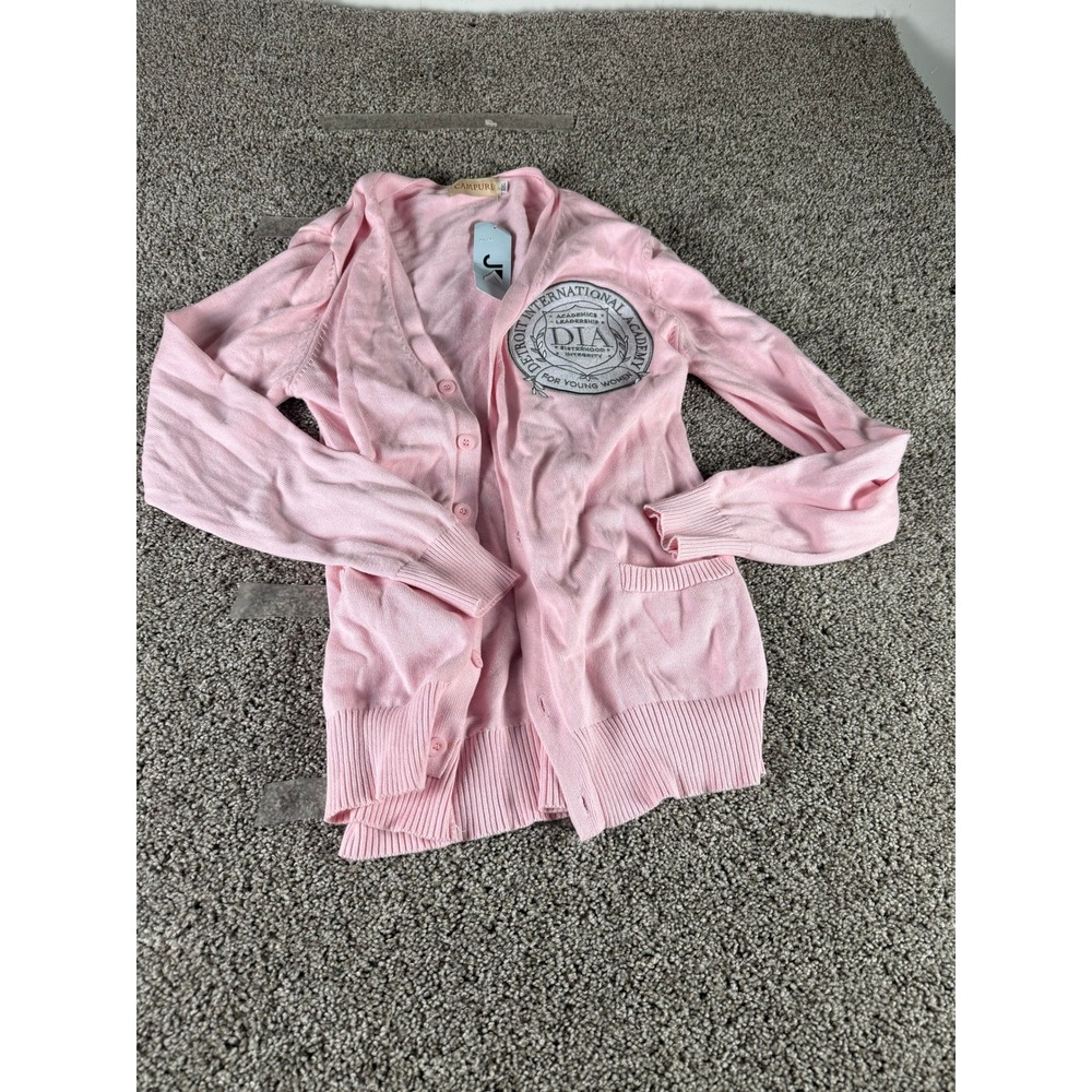 Campure DIA Detroit International Academy Cardigan Women Pink V-Neck Patch - XXL